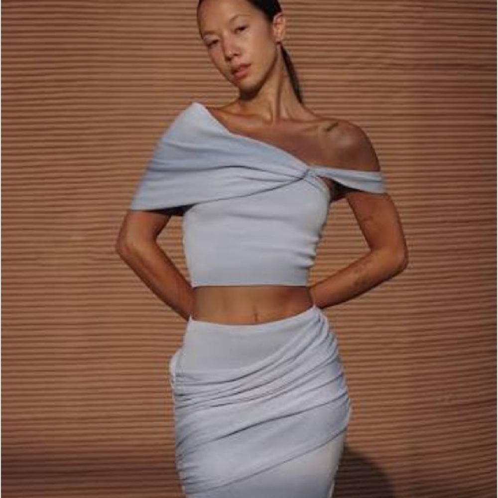 NWT | Meshki Light Blue One-Shoulder Ruched Maxi Skirt & Top Set (XS)